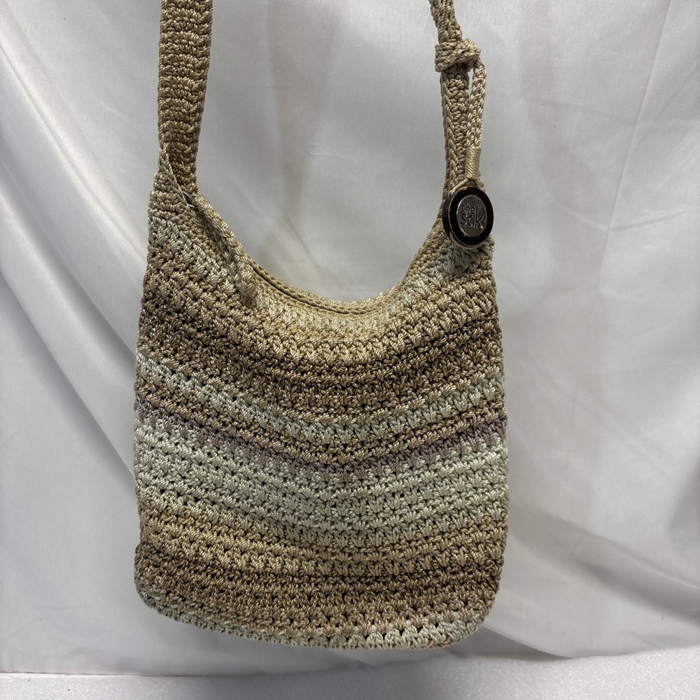 The Sak Crocheted Shoulder Bag Beige Cream and Mauve Striped Boho Style Purse